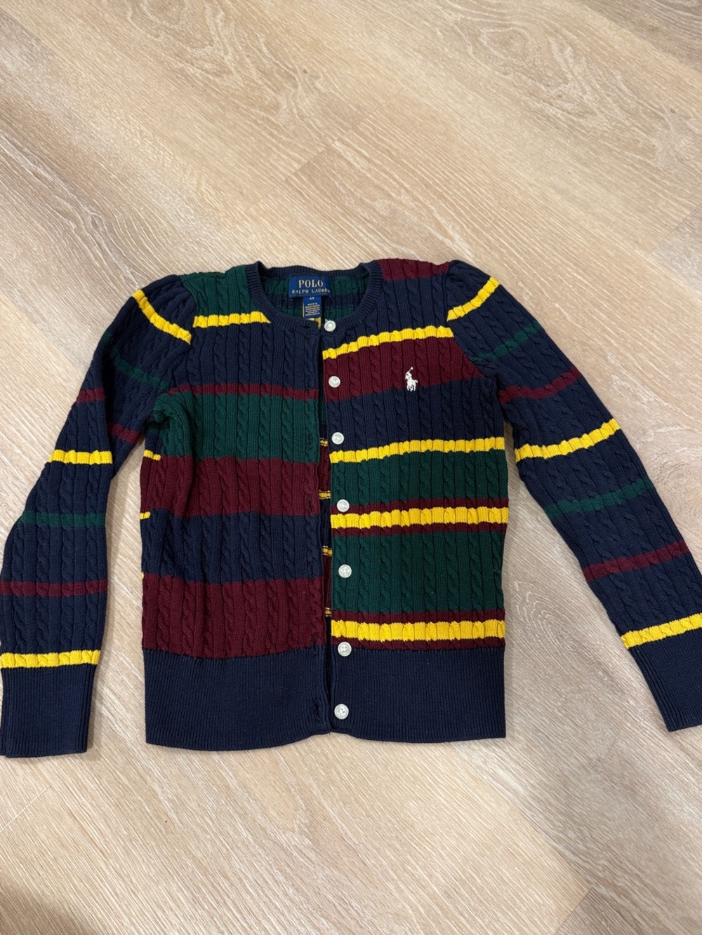Polo by Ralph Lauren Navy, Burgundy, Green & Yellow Striped Cable-Knit Cardigan